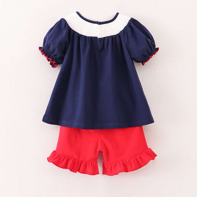 (In Stock E10-05-03)Back To School Navy Apple Embroidery Smocked Short Set