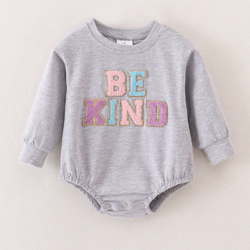 （In Stock A2-5-3）Baby Girls BE KIND Chenille Patches Romper