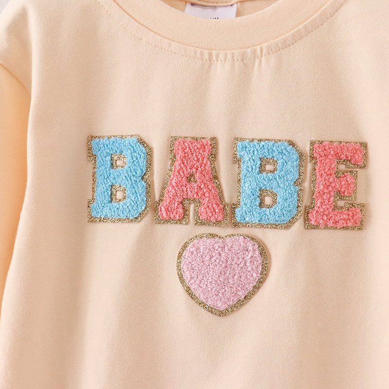 （In Stock A2-5-3）Baby Girls BABE Chenille Patches Romper