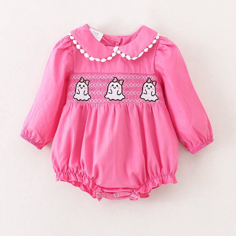 （In Stock Q3-4-2）Baby Girls Halloween Ghost Embroidery Smocked Woven Romper