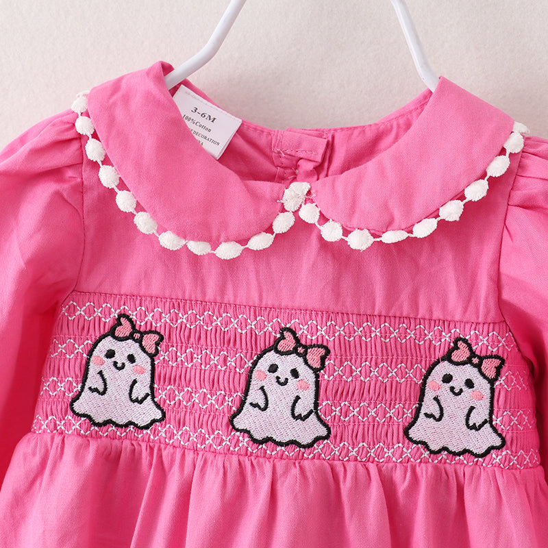 （In Stock Q3-4-2）Baby Girls Halloween Ghost Embroidery Smocked Woven Romper