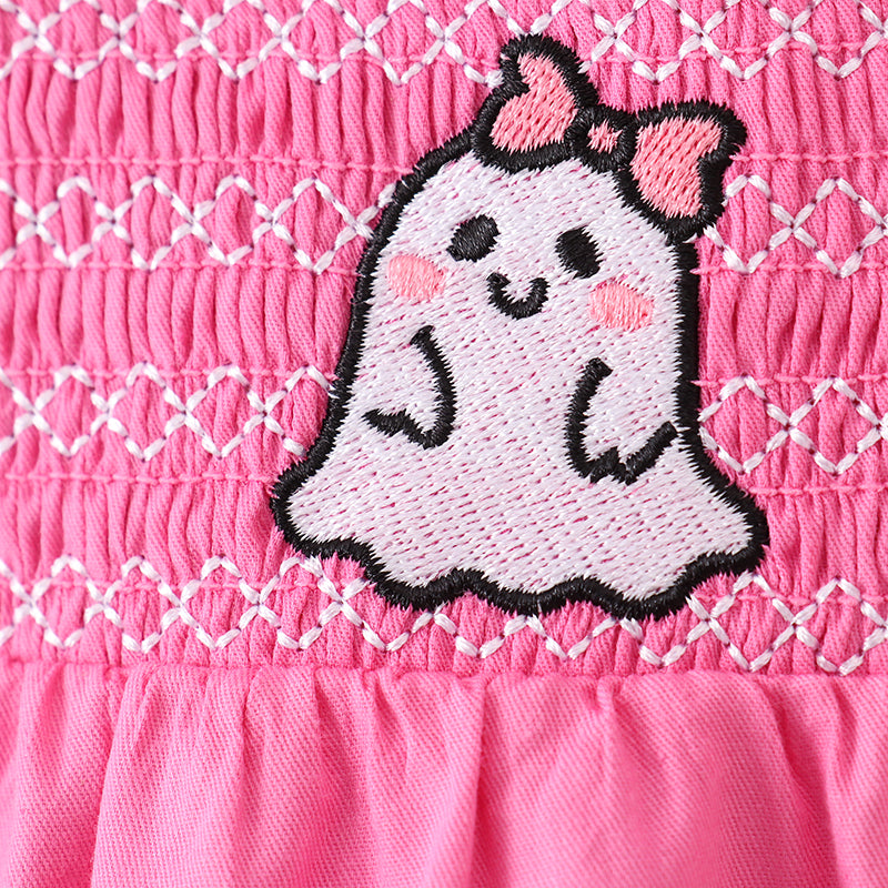 （In Stock Q3-4-2）Baby Girls Halloween Ghost Embroidery Smocked Woven Romper