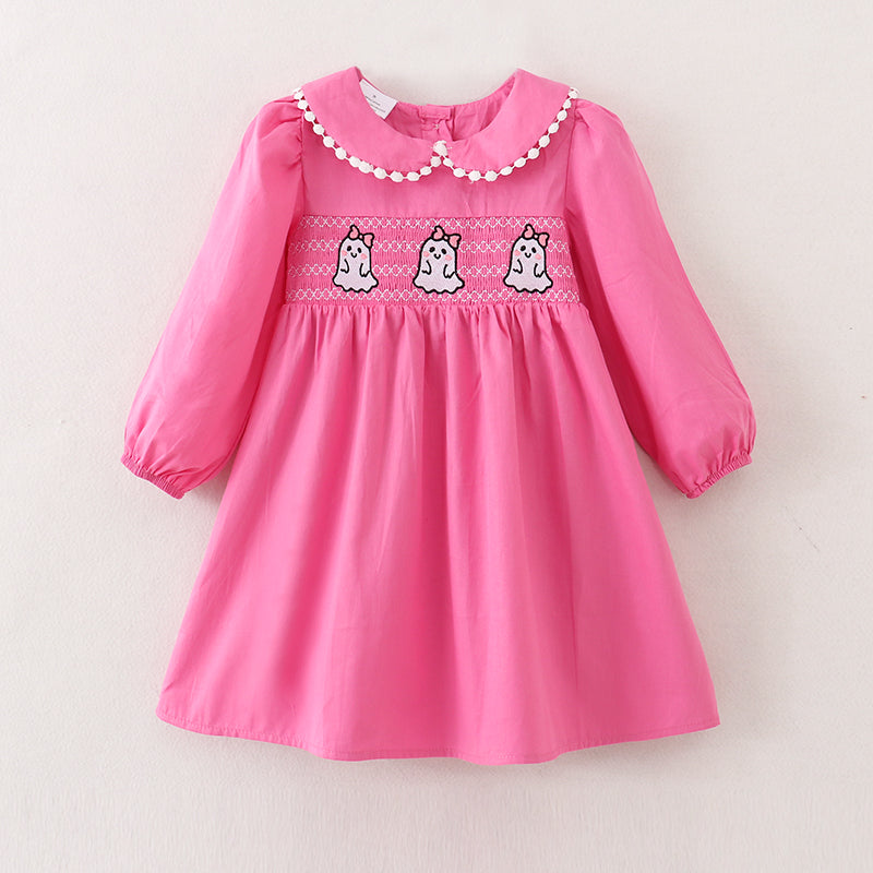 （In Stock Q5-5-2）Girls Halloween Ghost Embroidery Smocked Woven Dress