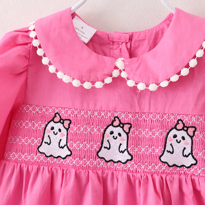 （In Stock Q5-5-2）Girls Halloween Ghost Embroidery Smocked Woven Dress