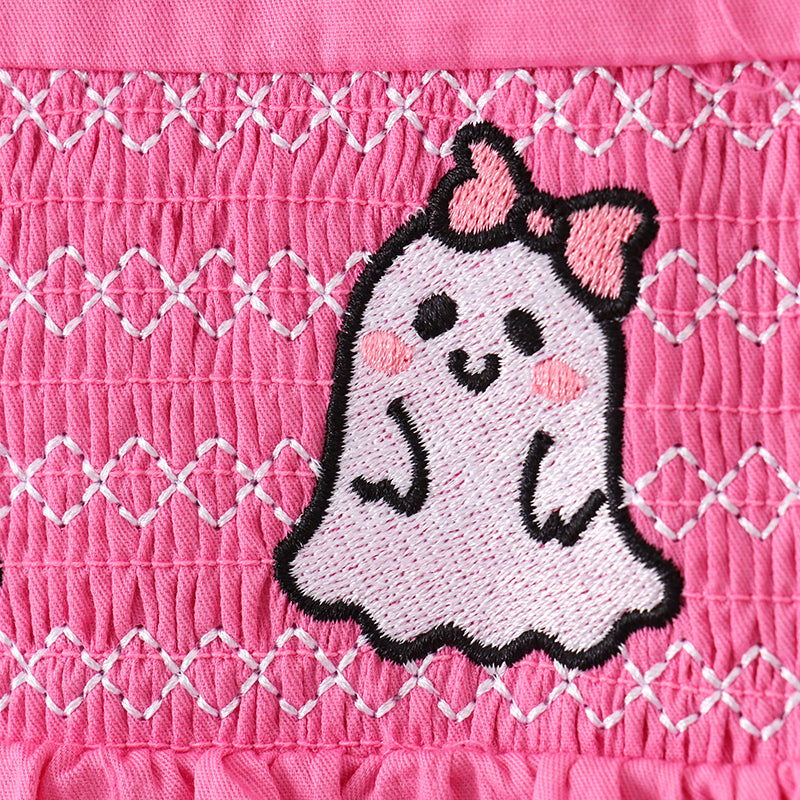 （In Stock Q5-5-2）Girls Halloween Ghost Embroidery Smocked Woven Dress