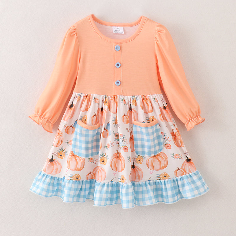 （In Stock A4-5-2）Girls Halloween Pumpkin Print Dress