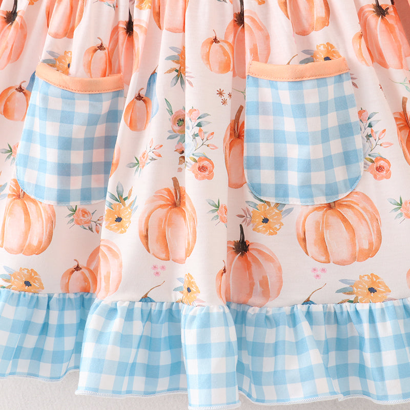 （In Stock A4-5-2）Girls Halloween Pumpkin Print Dress