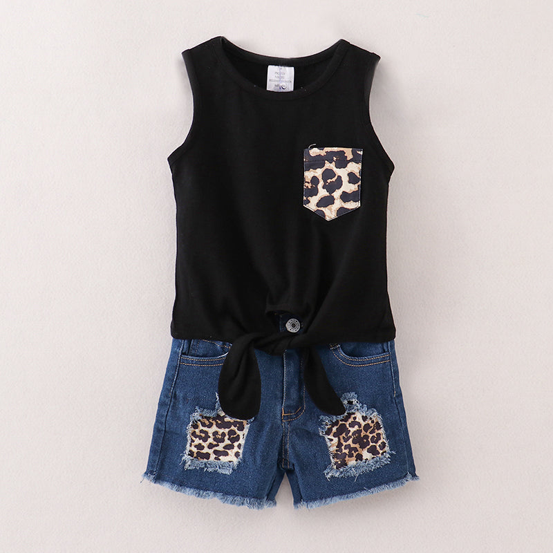 Girls Black Tank Knot Top Leopard Denim Short Set