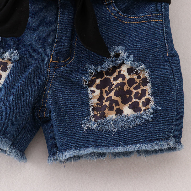 Girls Black Tank Knot Top Leopard Denim Short Set