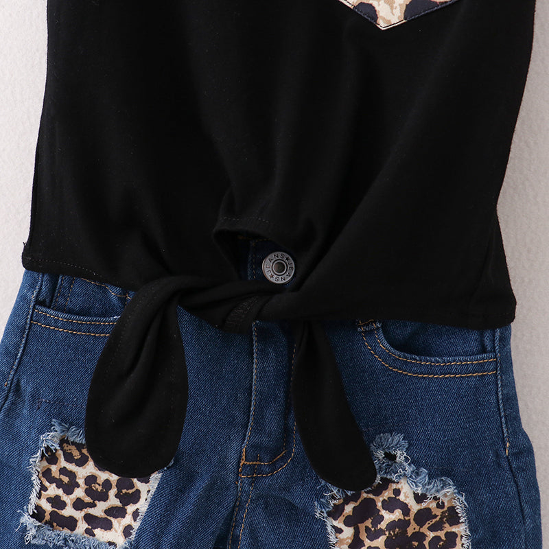 Girls Black Tank Knot Top Leopard Denim Short Set