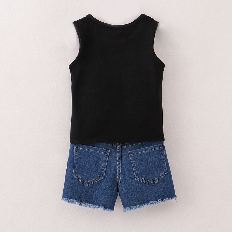 Girls Black Tank Knot Top Leopard Denim Short Set