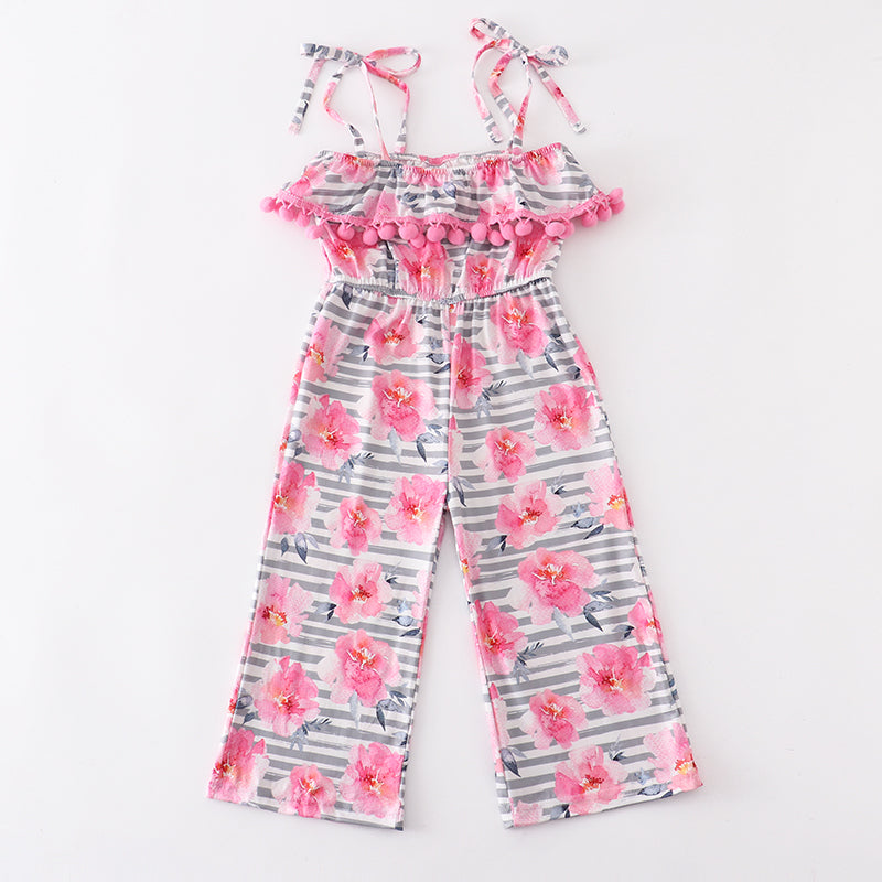 Girls Grey Pink Floral Stripe Pom-pom Jumpsuit