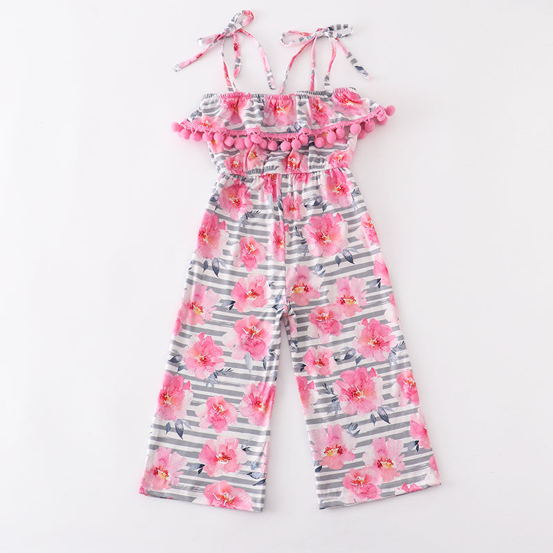 Girls Grey Pink Floral Stripe Pom-pom Jumpsuit