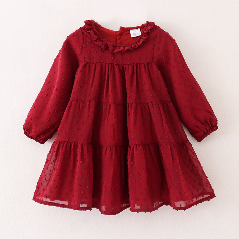 （In Stock E37-3-1）Fall Girls Dark Red Swiss Dot Dress