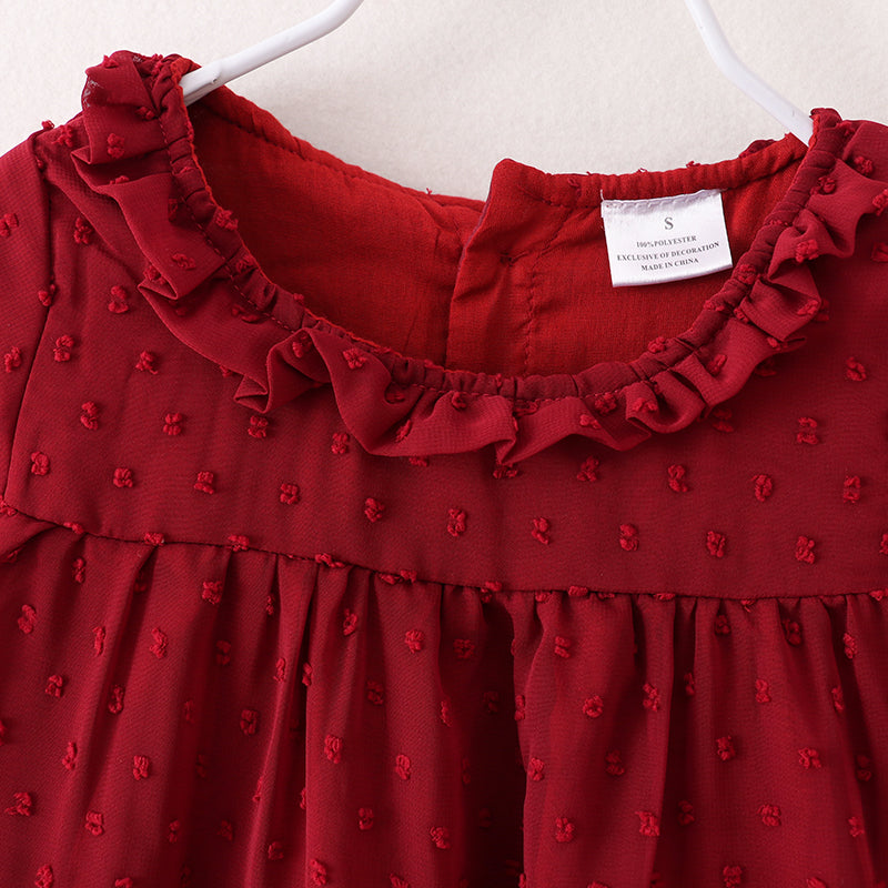 （In Stock E37-3-1）Fall Girls Dark Red Swiss Dot Dress