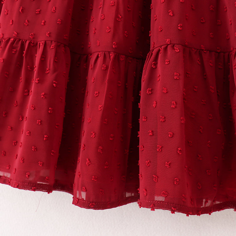 （In Stock E37-3-1）Fall Girls Dark Red Swiss Dot Dress