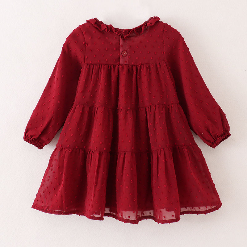 （In Stock E37-3-1）Fall Girls Dark Red Swiss Dot Dress