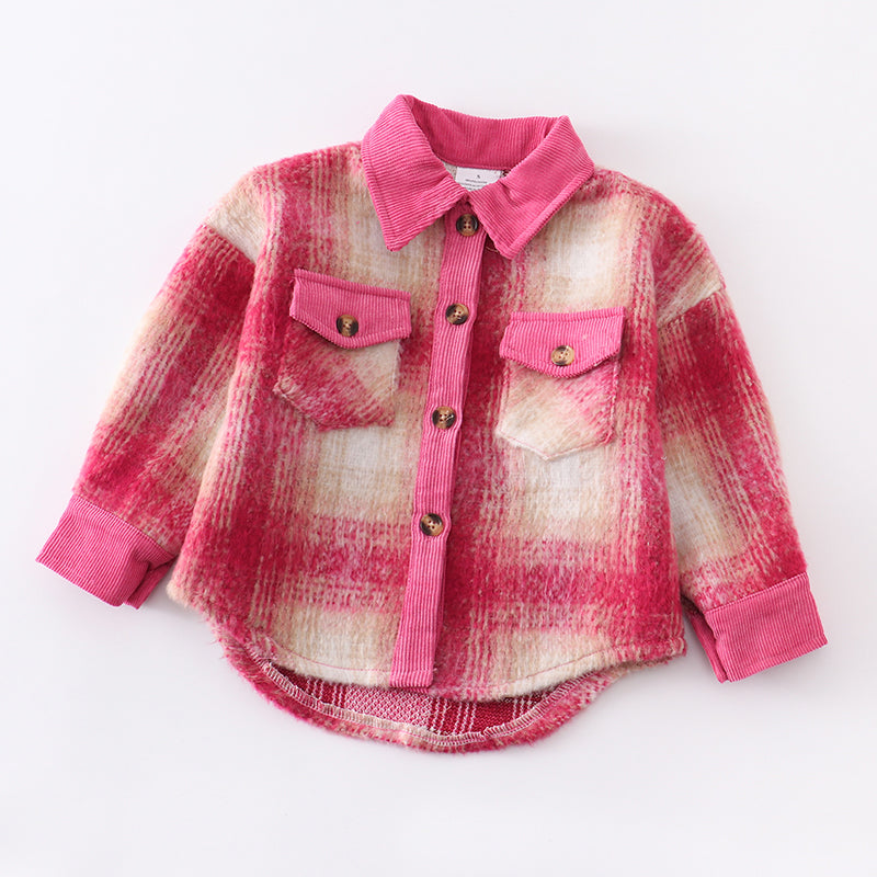 （In Stock Q07-04-02）Girls Fall Pink Plaid Coat