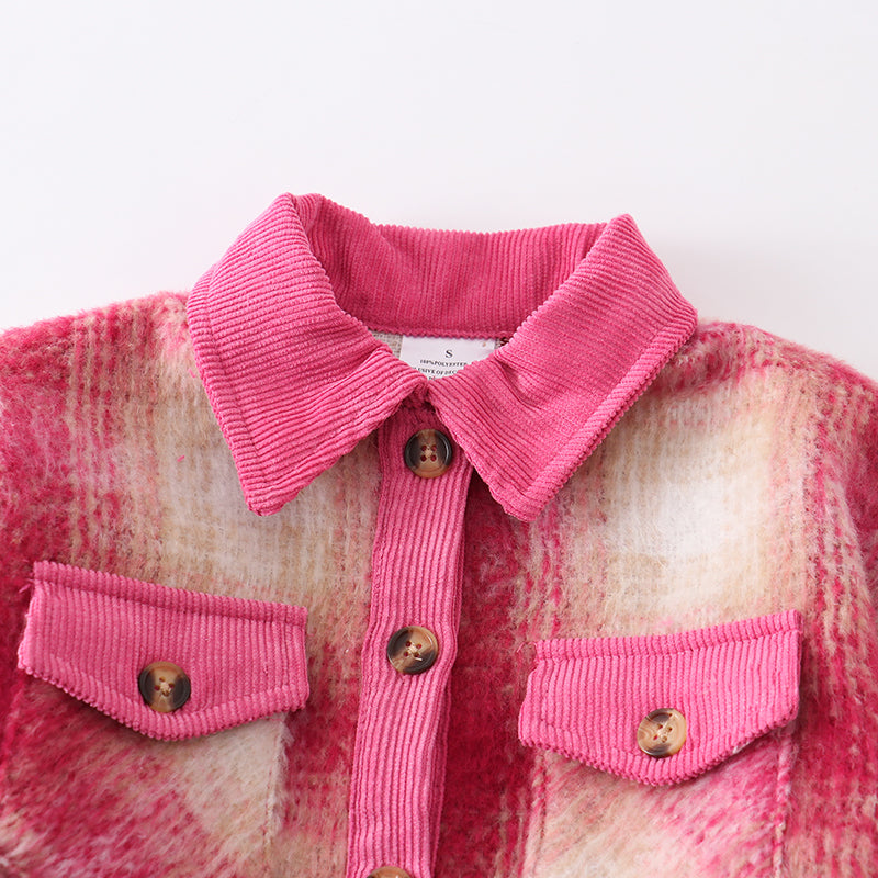 （In Stock Q07-04-02）Girls Fall Pink Plaid Coat