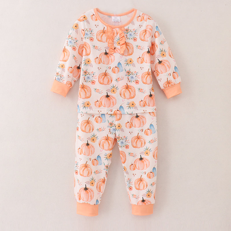 （In Stock A4-4-3）Girls Halloween Pumpkin Print Pajamas