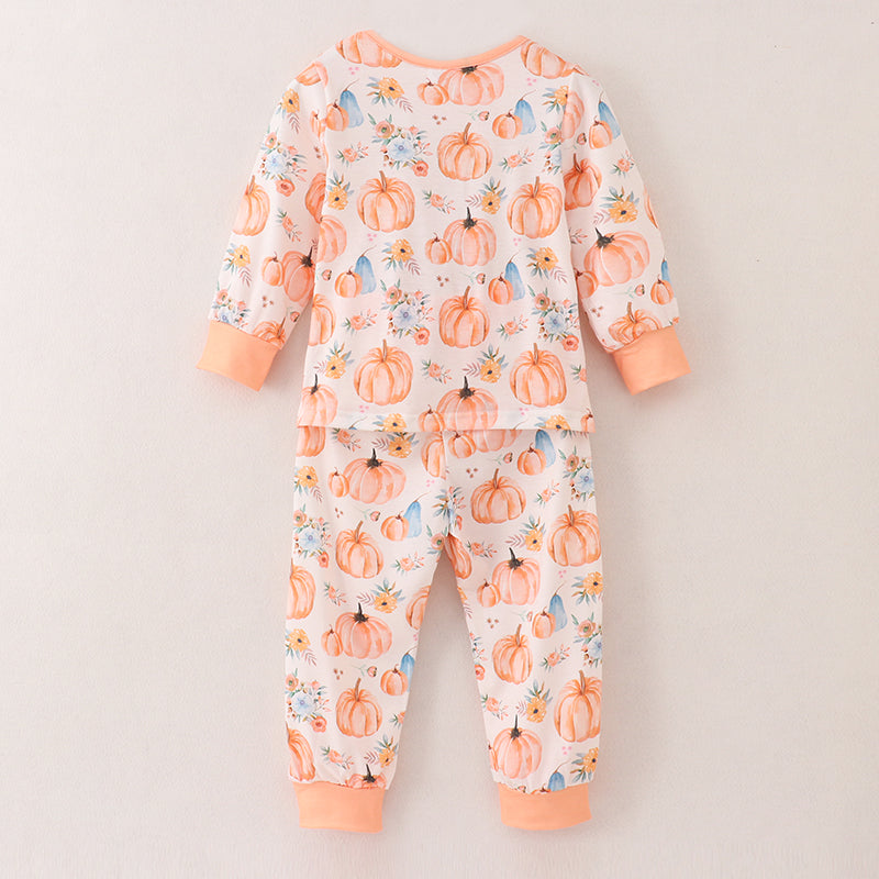 （In Stock A4-4-3）Girls Halloween Pumpkin Print Pajamas