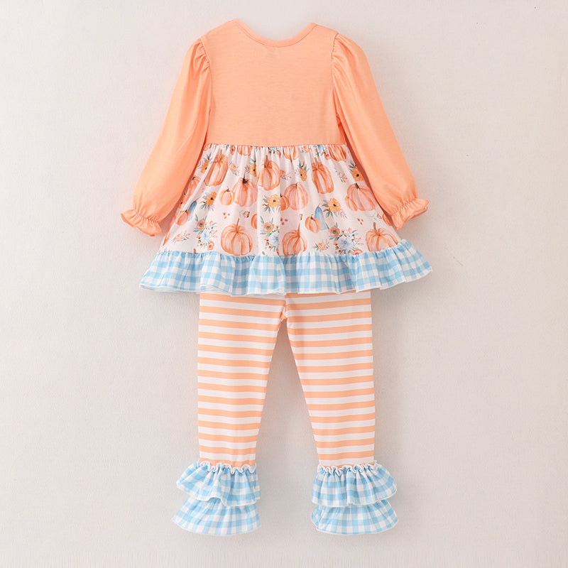 （In Stock A5-3-2）Girls Halloween Pumpkin Print Outfit Set