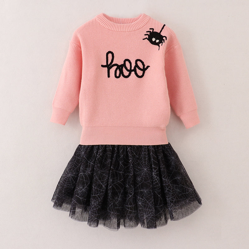 （In Stock E7-3-1）Girls Halloween BOO Spider Embroidery Skirt Set