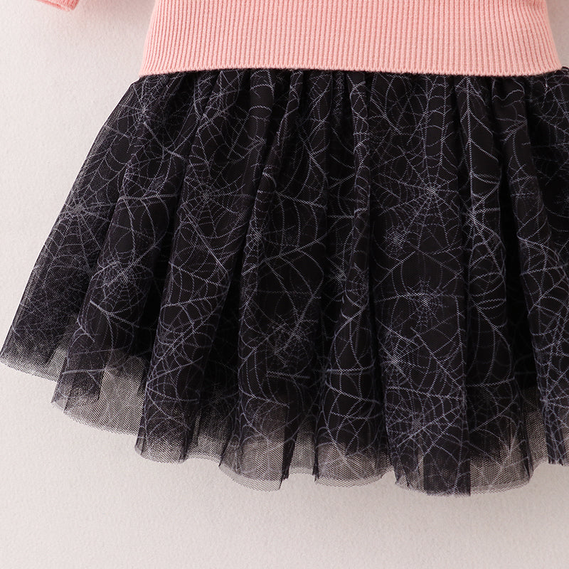 （In Stock E7-3-1）Girls Halloween BOO Spider Embroidery Skirt Set