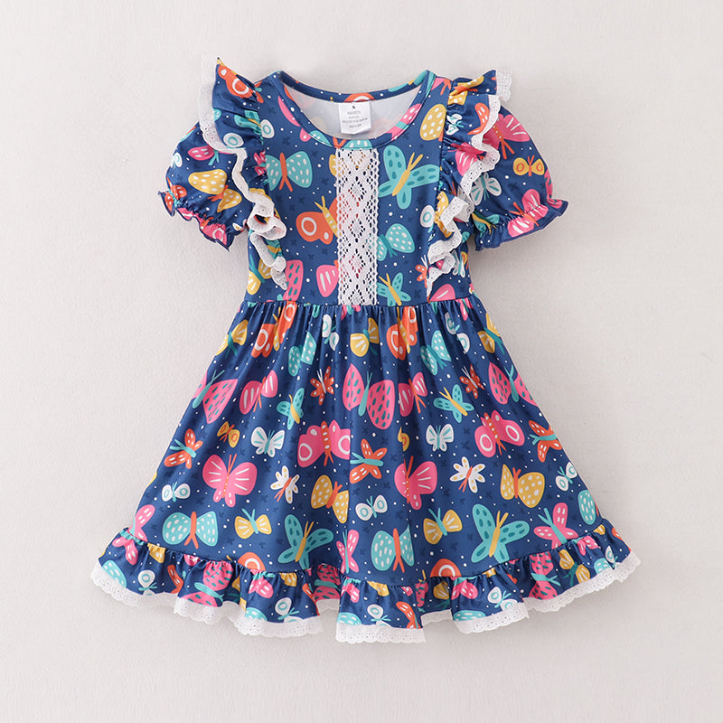 Navy Butterfly Print Lace Dress