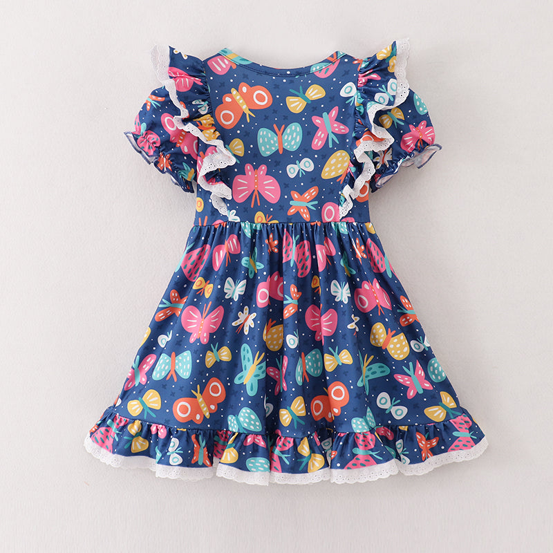 Navy Butterfly Print Lace Dress