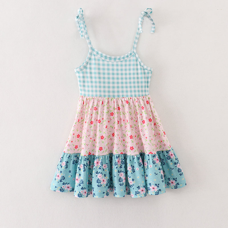 Blue Pink Plaid Floral Strap Dress