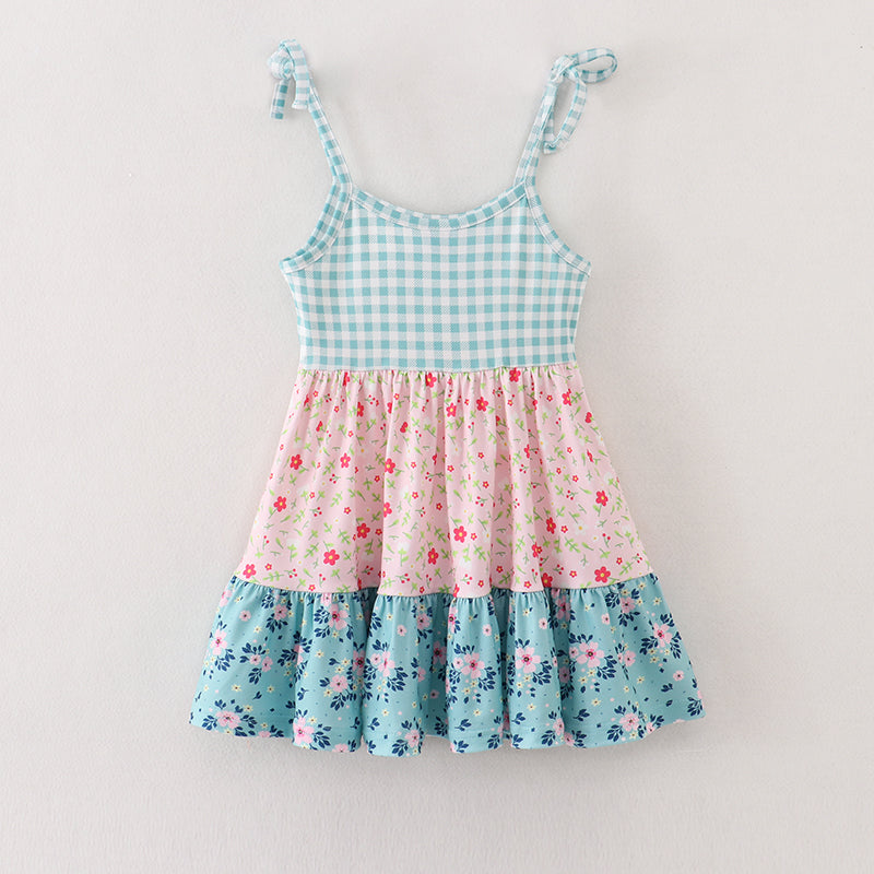 Blue Pink Plaid Floral Strap Dress