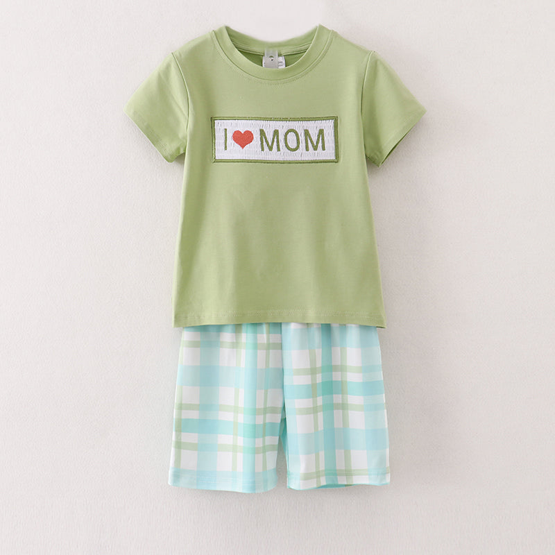 Green I Love MOM Embroidery Smocked Boy Set