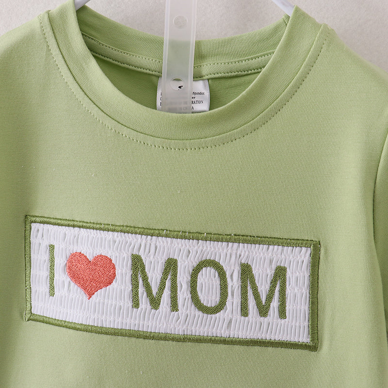 Green I Love MOM Embroidery Smocked Boy Set