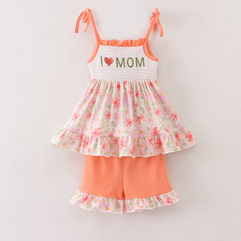 I Love MOM Embroidery Floral Girl Set