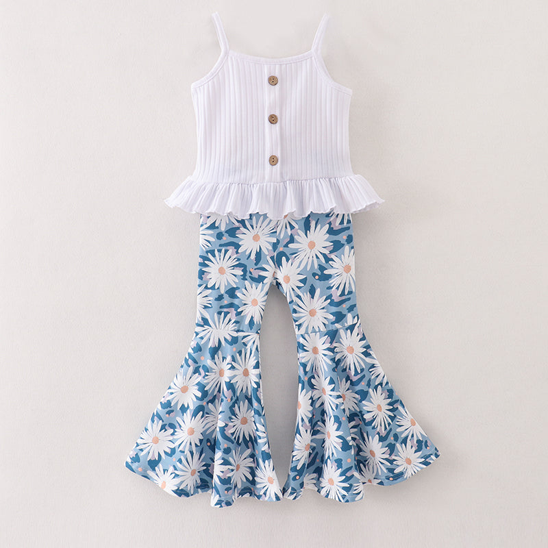 （Pre Order）Girls Rib Top Daisy Print Flared Pants Set