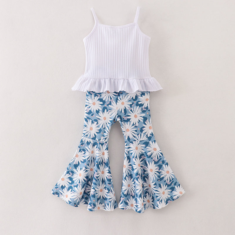 （Pre Order）Girls Rib Top Daisy Print Flared Pants Set