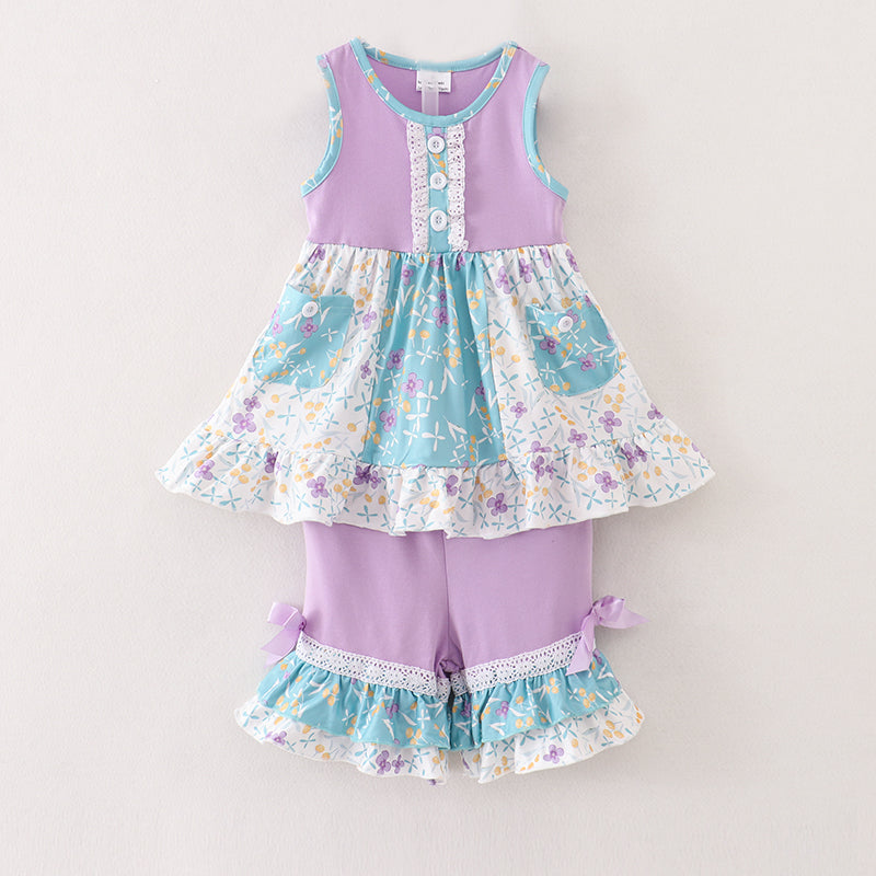 （In Stock E26-3-3）Girls Lavender Floral Ruffles Shorts Set