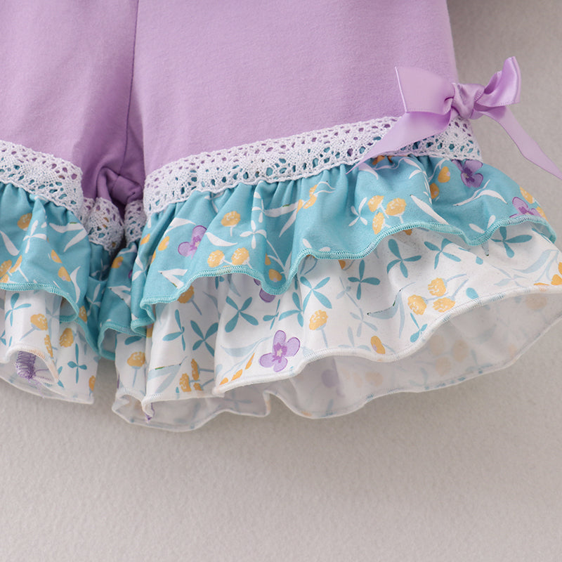 （In Stock E26-3-3）Girls Lavender Floral Ruffles Shorts Set