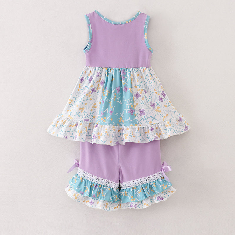 （In Stock E26-3-3）Girls Lavender Floral Ruffles Shorts Set