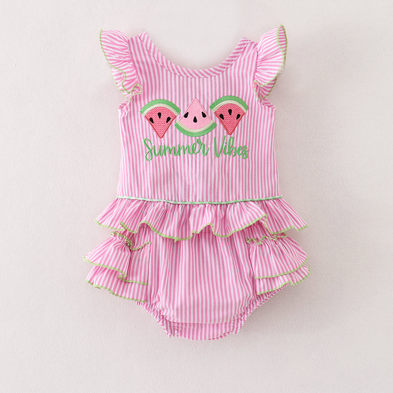 Baby Pink Stripe Watermelon Embroidery Woven Set