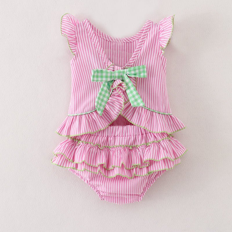 Baby Pink Stripe Watermelon Embroidery Woven Set