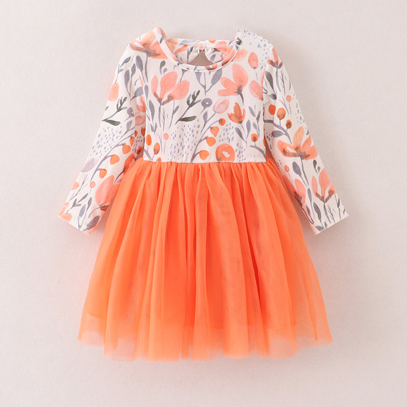 （In Stock E3-4-1）Girls Floral Print Orange Tulle Dress