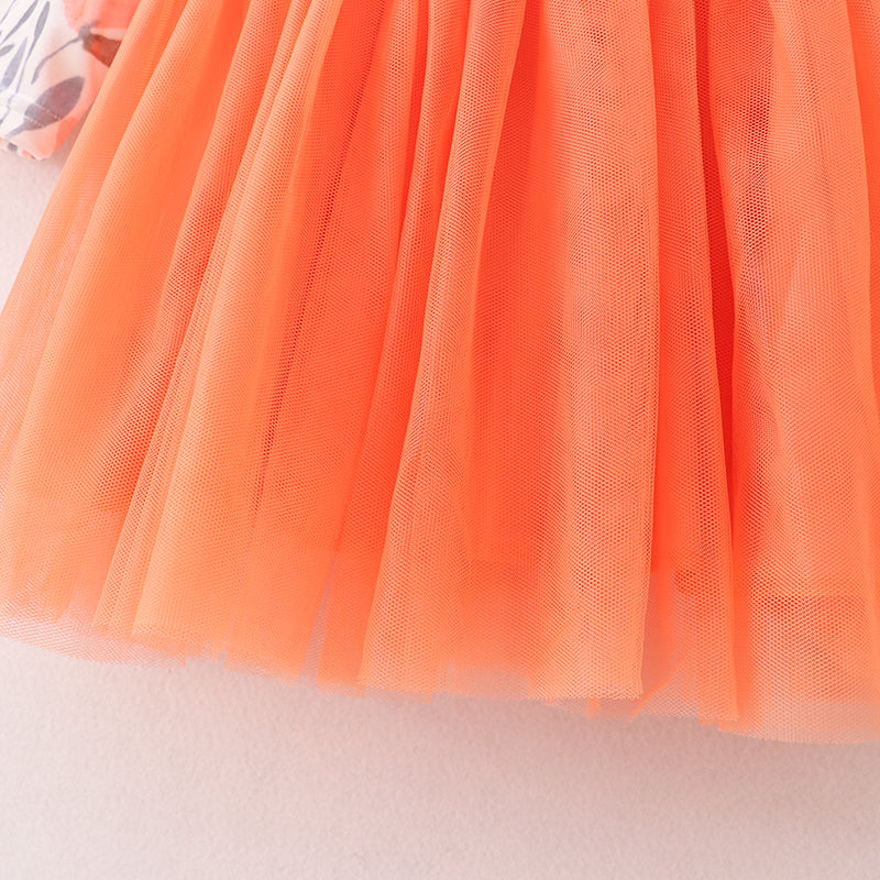 （In Stock E3-4-1）Girls Floral Print Orange Tulle Dress