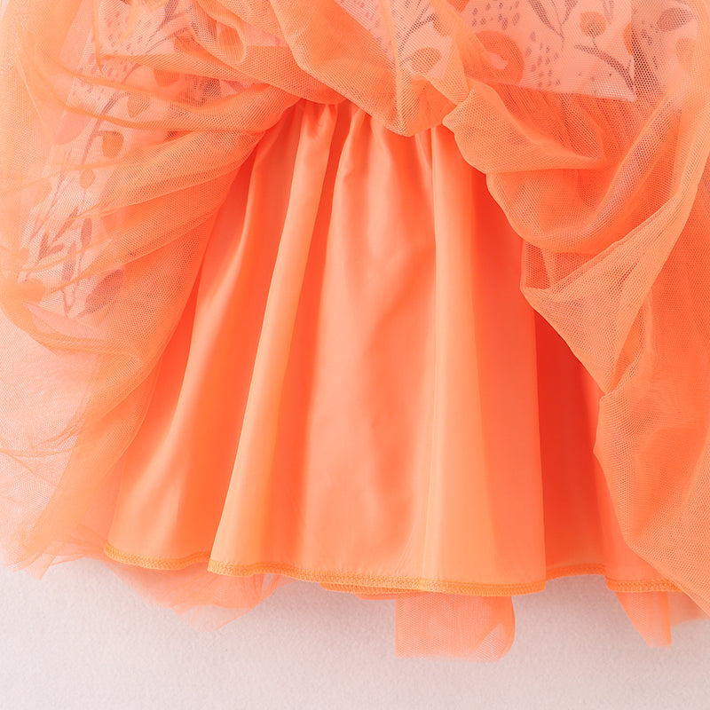 （In Stock E3-4-1）Girls Floral Print Orange Tulle Dress