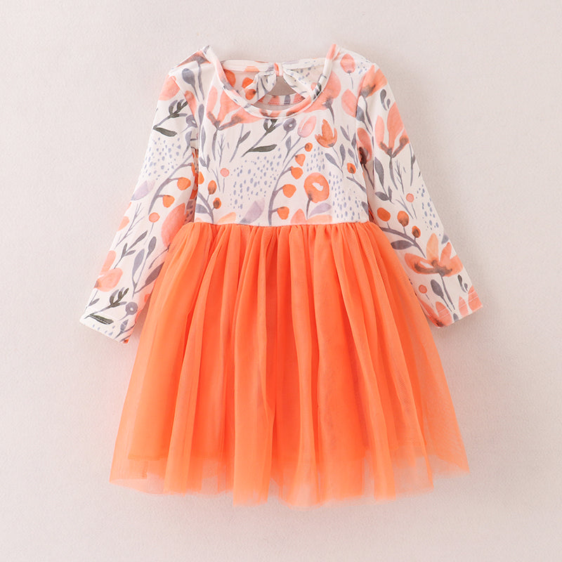 （In Stock E3-4-1）Girls Floral Print Orange Tulle Dress