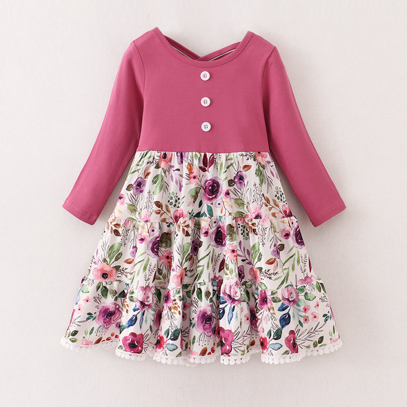 (In Stock E33-02-02)Girls Fall Plum Cotton Floral Dress