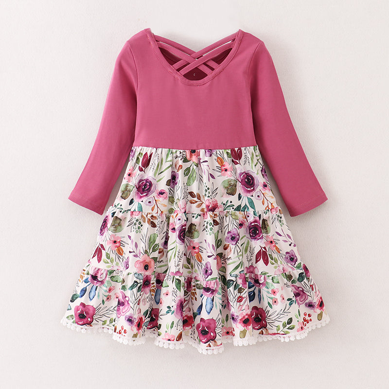 (In Stock E33-02-02)Girls Fall Plum Cotton Floral Dress