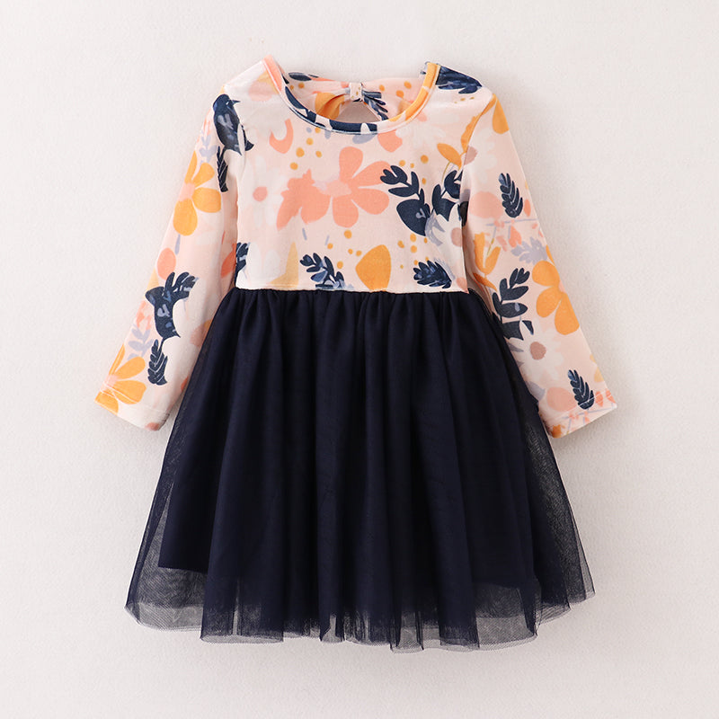 （In Stock E4-2-1）Girls Floral Print Black Tulle Dress