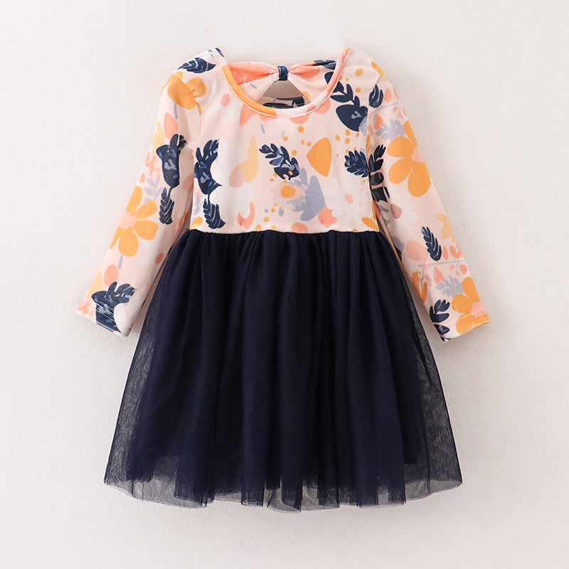 （In Stock E4-2-1）Girls Floral Print Black Tulle Dress